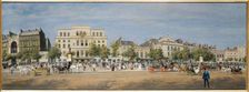 General view of theatres on Boulevard du Temple in 1862. Creator: Adolphe Martial Potemont