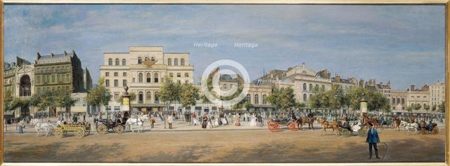 General view of theatres on Boulevard du Temple in 1862. Creator: Adolphe Martial Potemont.