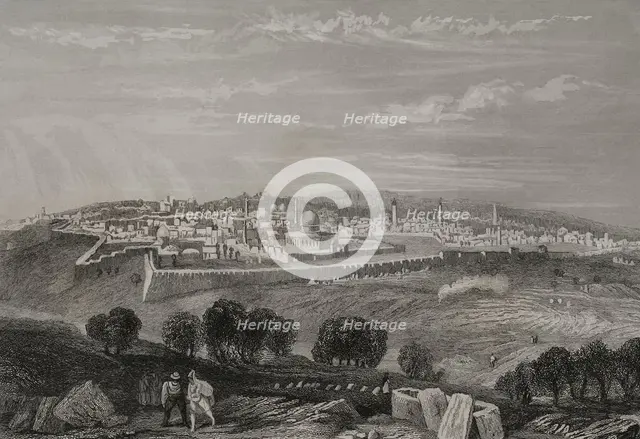 General view from the Mount of Olives, Jerusalem. 1840.  Creator: Émile Rouargue.