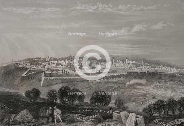 General view from the Mount of Olives, Jerusalem. 1840.  Creator: Émile Rouargue.