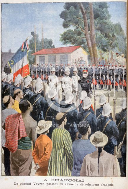 General Voyron reviewing French troops, Shanghai, 1900. Artist: Unknown