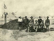 General Baden-Powell, Lord Edward Cecil, and Other Officers, at the Entrance to their "Dug-Out". Creator: D Taylor