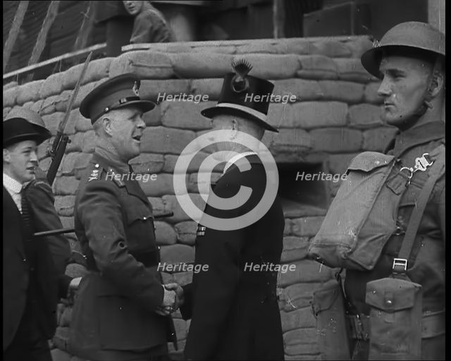 General John Vereker, 6th Viscount Gort, Greeting an Official Outside a Sandbagged Building, 1940. Creator: British Pathe Ltd.