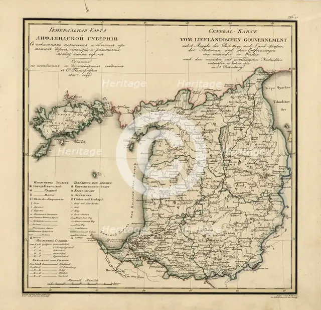 General Map of Livland Province: Showing Postal and Major Roads, Stations and the..., 1820. Creators: Vasilii Petrovich Piadyshev, Iwanoff.