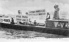 General Mrs Drummond in a boat opposite the terrace of the House of Commons, 1908. Creator: Unknown