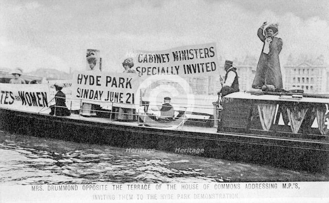 'General' Mrs Drummond in a boat opposite the terrace of the House of Commons, 1908. Creator: Unknown.