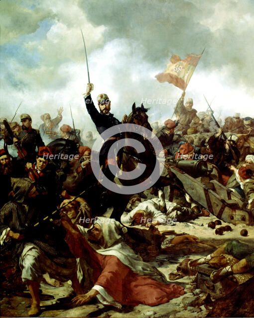 General Prim followed by Catalan volunteers and the battalion of Alba de Tormes, through the tren…