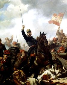 General Prim followed by Catalan volunteers and the battalion of Alba de Tormes, through the tren…