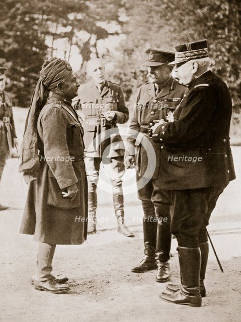General Sir Douglas Haig introducing General Joffre to Lieutenant-General Sir Pertab Singh, 1916. Artist: Unknown