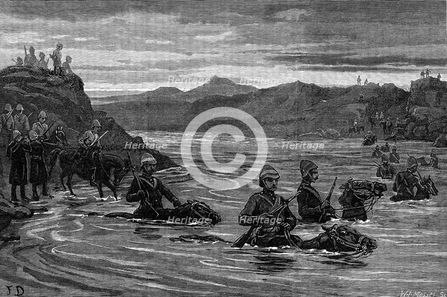 General Sir Evelyn Wood reconnoitring with the 15th Hussars across the Buffalo River, 1881. Creator: W. I. Mosses.