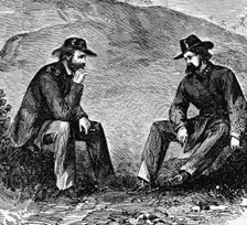 Generals Grant and Pemberton negotiating the surrender of Vicksburg, American Civil War, 1863
