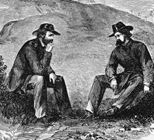 Generals Grant and Pemberton negotiating the surrender of Vicksburg, American Civil War, 1863
