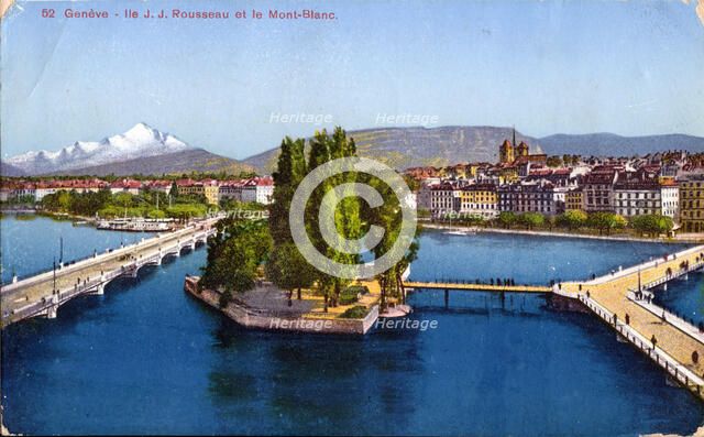 Geneva - Île Rousseau and Mont-Blanc, 1935. Creator: Unknown.