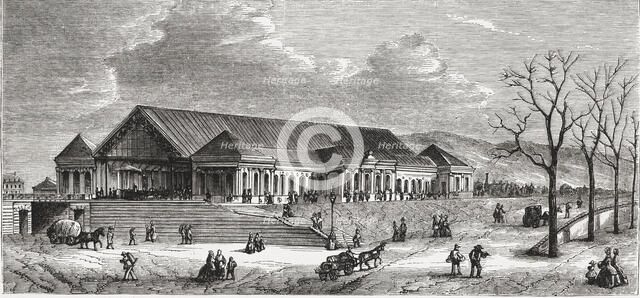 Geneva Station in the railway line Lyon to Geneva, engraving from 1859.