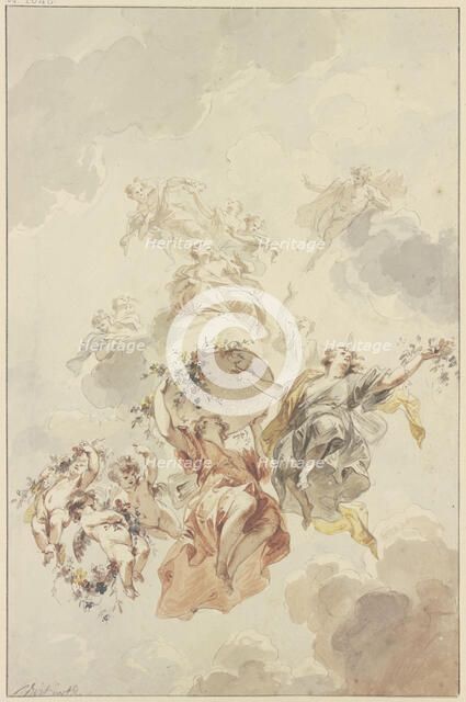 Genii and cupids grouped around a basket of flowers ascending towards heaven, 1725. Creator: Jacob de Wit.