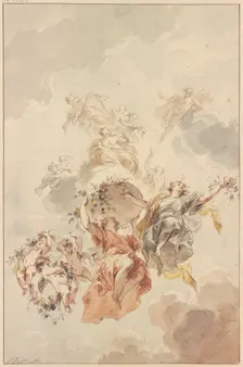 Genii and cupids grouped around a basket of flowers ascending towards heaven, 1725. Creator: Jacob de Wit