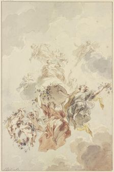 Genii and cupids grouped around a basket of flowers ascending towards heaven, 1725. Creator: Jacob de Wit