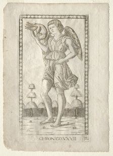 Genius of Time (from the Tarocchi, series B: Cosmic Principles & Virtues, #32), before 1467. Creator: Master of the E-Series Tarocchi (Italian, 15th century)