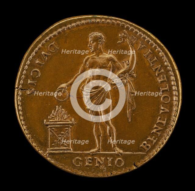 Genius Holding a Dolphin and Sacrificing [reverse], 1539. Creator: Giovanni da Cavino.