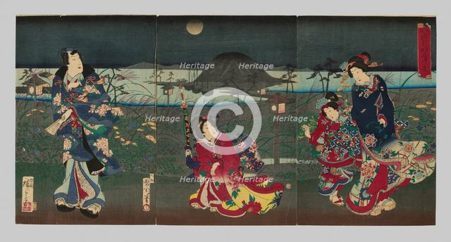 Genji Drawn in Different Styles: View of Akashi Bay (Kakiwake Genji, Akashi ura no kei), 1869. Creator: Toyohara Kunichika.