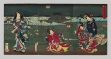 Genji Drawn in Different Styles: View of Akashi Bay (Kakiwake Genji, Akashi ura no kei), 1869. Creator: Toyohara Kunichika