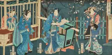Genji sakura no nigiwai hi (The Expulsion of the Genji Cherry Blossoms), 1866. Creator: Kunichika, Toyohara (1835-1900)
