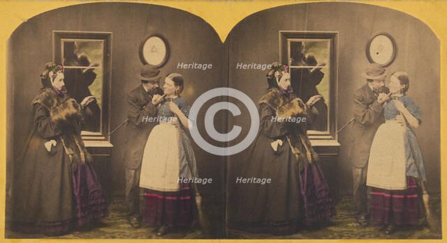 Genre: man touching woman under the chin, another woman observing, about 1860. Creator: Unknown.