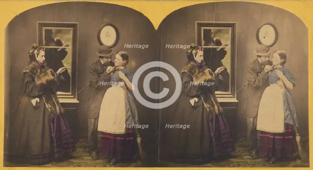Genre: man touching woman under the chin, another woman observing, about 1860. Creator: Unknown.