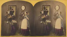 Genre: man touching woman under the chin, another woman observing, about 1860. Creator: Unknown