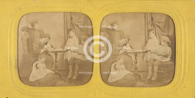 Genre scene: family in parlor, 1855-1865. Creator: Jules Marinier.
