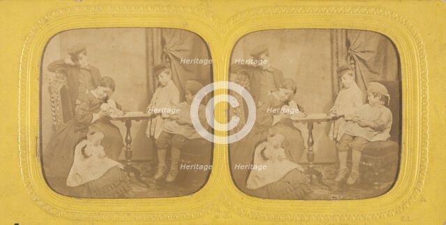 Genre scene: family in parlor, 1855-1865. Creator: Jules Marinier.