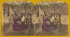 Genre scene: family seated outside around a table with glasses and a bottle of wine, about 1860. Creator: London Stereoscopic & Photographic Co
