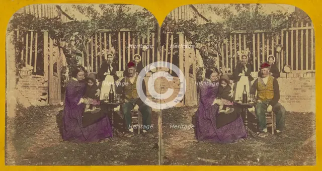 Genre scene: family seated outside around a table with glasses and a bottle of wine, about 1860. Creator: London Stereoscopic & Photographic Co.