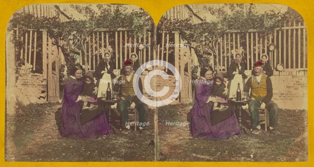 Genre scene: family seated outside around a table with glasses and a bottle of wine, about 1860. Creator: London Stereoscopic & Photographic Co.