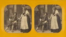 Genre scene: man being served a beer by a woman, the man is reaching in his pocket for money, 1860s. Creator: Charles Gaudin