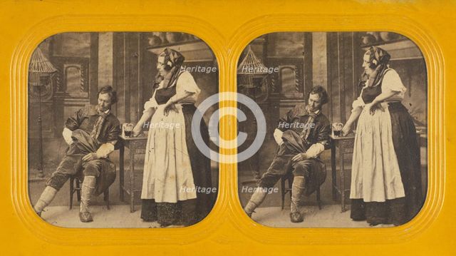 Genre scene: man being served a beer by a woman, the man is reaching in his pocket for money, 1860s. Creator: Charles Gaudin.