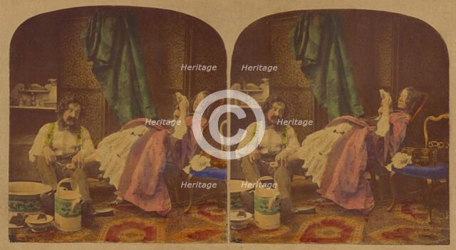 Genre scene: man with bushy moustache seated bathing feet of woman seated reading a book, about 1860 Creator: Joseph John Elliott.