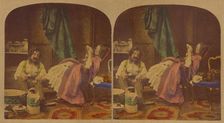 Genre scene: man with bushy moustache seated bathing feet of woman seated reading a book, about 1860 Creator: Joseph John Elliott