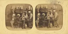 Genre scene: people in discussion around table, one woman with bonnet, gun leaning against...1860s. Creator: E Lamy