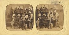 Genre scene: people in discussion around table, one woman with bonnet, gun leaning against...1860s. Creator: E Lamy