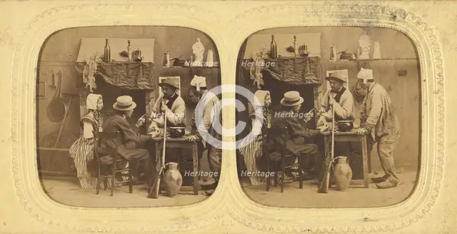 Genre scene: people in discussion around table, one woman with bonnet, gun leaning against...1860s. Creator: E Lamy.