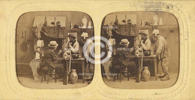 Genre scene: people in discussion around table, one woman with bonnet, gun leaning against...1860s. Creator: E Lamy.