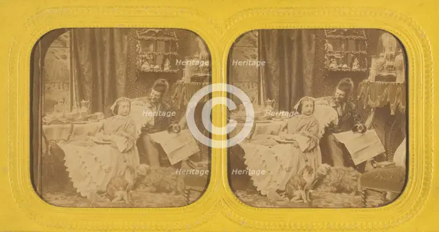 Genre scene: woman at table to feet propped on chair, man in hat next to her, dog and...1855-1860. Creator: Unknown.