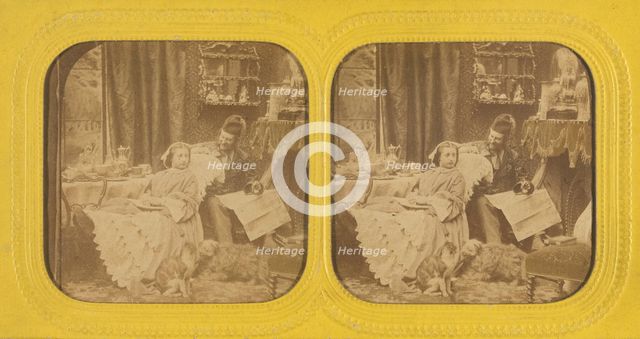 Genre scene: woman at table to feet propped on chair, man in hat next to her, dog and...1855-1860. Creator: Unknown.