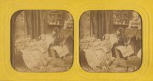 Genre scene: woman at table to feet propped on chair, man in hat next to her, dog and...1855-1860. Creator: Unknown
