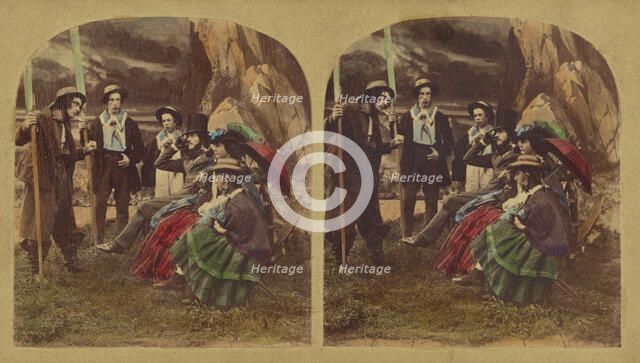 Genre scene: well-dressed group talking to a peasant, about 1865. Creator: London Stereoscopic & Photographic Co.