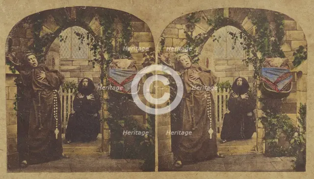 Genre scene: two monks in an archway of a church, both with dramatic faces, about 1860. Creator: London Stereoscopic & Photographic Co.