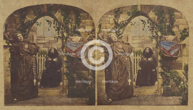 Genre scene: two monks in an archway of a church, both with dramatic faces, about 1860. Creator: London Stereoscopic & Photographic Co.