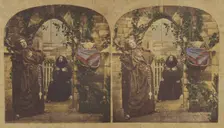 Genre scene: two monks in an archway of a church, both with dramatic faces, about 1860. Creator: London Stereoscopic & Photographic Co