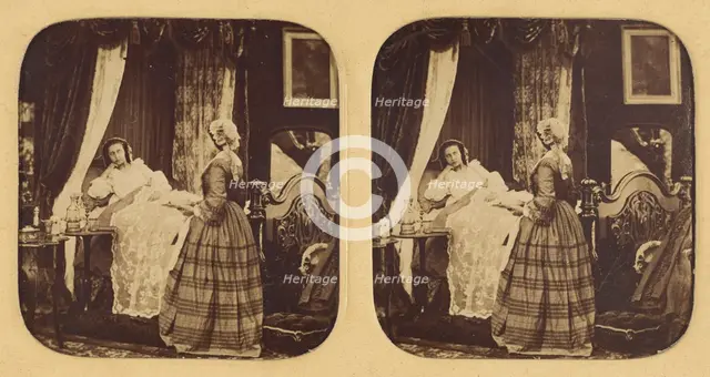 Genre scene: two women in a bedroom, one in bed, 1855-1860. Creator: Unknown.